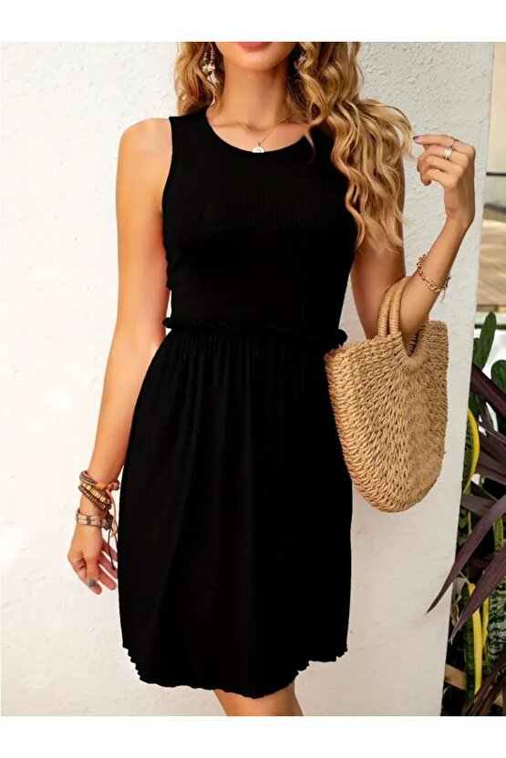 Kadın Kolsuz Bel Lastik Ve Büzgü Detay Viskon Mini Elbise