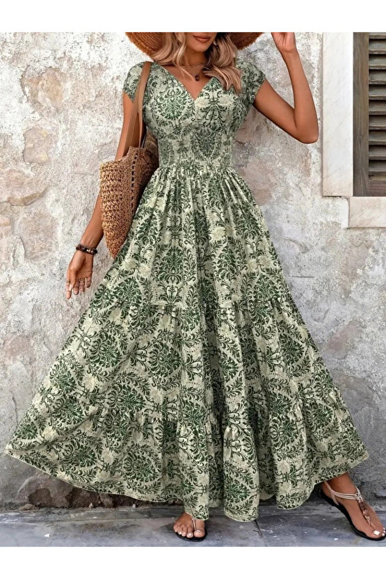 Kadın Kısa Kollu Kruvaze Yaka Beli Lastikli Süprem