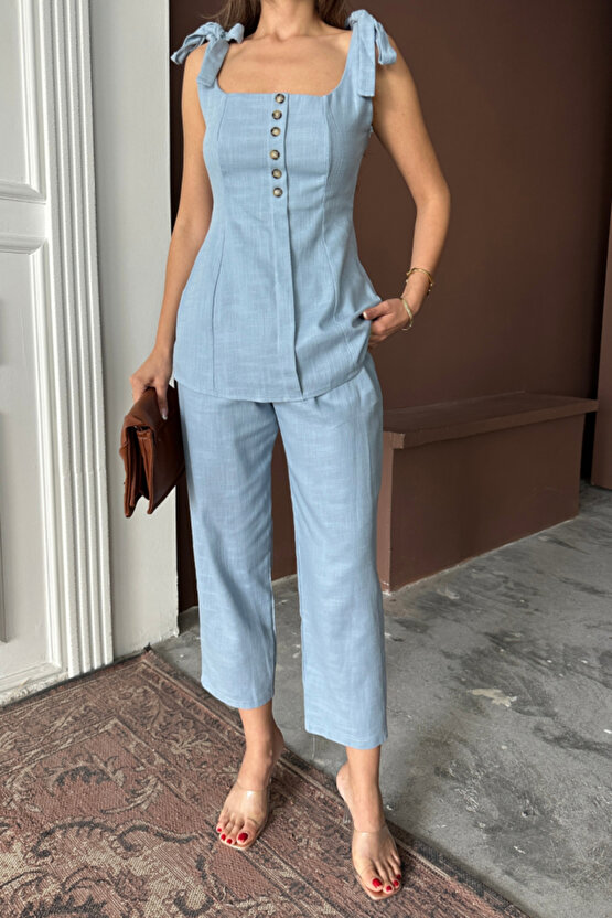 ŞANTUK KETEN YELEK GÖRÜNÜMLÜASKILI BLUZ - PANTOLON TK - Mavi