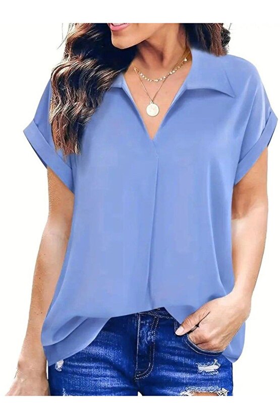 Kadın Kısa Kollu Yakalı Uzun Sandy Bluz