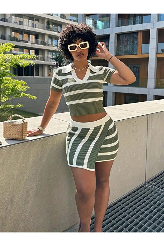 eyesof Kadın Kısa Kollu Polo Yaka Crop Asimetrik Mini Triko Etek Ikili Takım