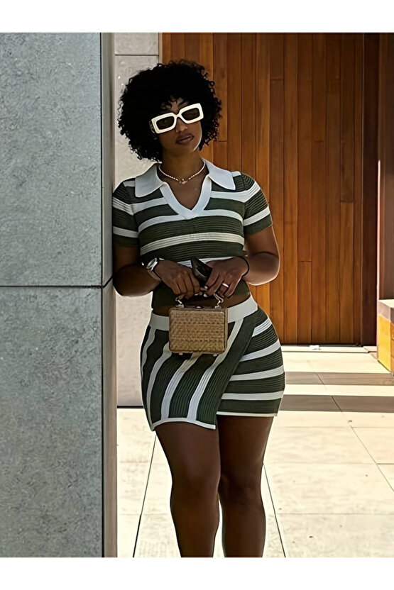 eyesof Kadın Kısa Kollu Polo Yaka Crop Asimetrik Mini Triko Etek Ikili Takım