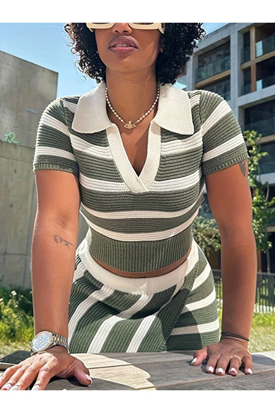 eyesof Kadın Kısa Kollu Polo Yaka Crop Asimetrik Mini Triko Etek Ikili Takım