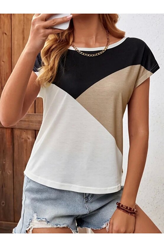 Kadın Bisiklet Yaka üç Renk Viskon T-shirt