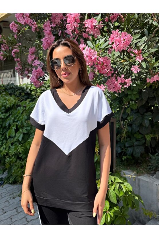 eyesof Kadın Kısa Kollu V Yaka Siyah Beyaz Renkli Viskon Iki Iplik Kumaş Eşofman Takımı