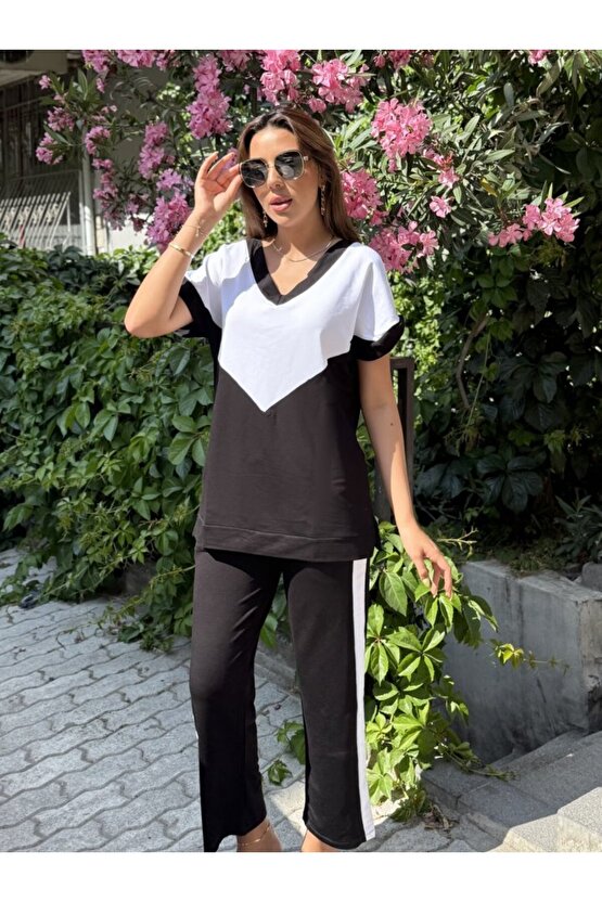 eyesof Kadın Kısa Kollu V Yaka Siyah Beyaz Renkli Viskon Iki Iplik Kumaş Eşofman Takımı