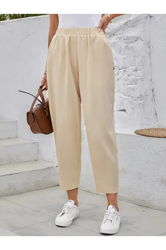 eyesof Kadın Yüksek Bel Yandan Cepli Düğme Detaylı Geniş Kesim Ithal Krep Pantolon