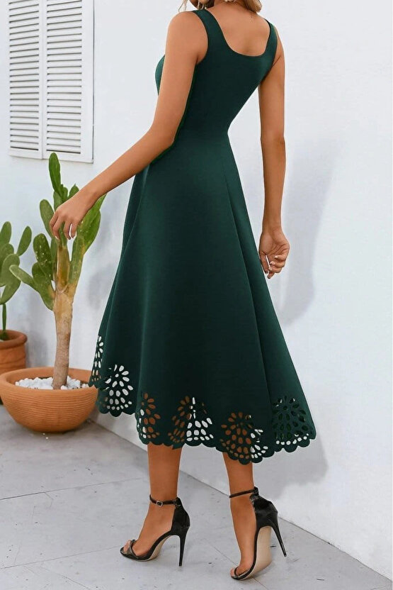 Kadın Askılı Geometrik Yaka çiçek Lazer Kesim Ithal Krep Elbise