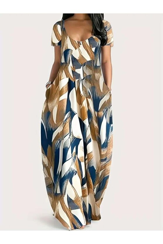 Kadın Kısa Kollu Yuvarlak Yaka Cepli Salaş Baskılı Süprem Elbise