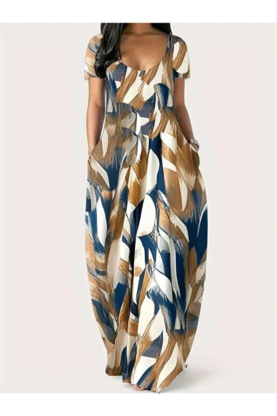 Kadın Kısa Kollu Yuvarlak Yaka Cepli Salaş Baskılı Süprem Elbise