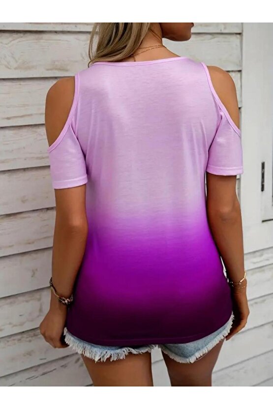 Kadın Kısa Kollu V Yakalı Iki Omuzu Açık Baskılı Süprem Bluz