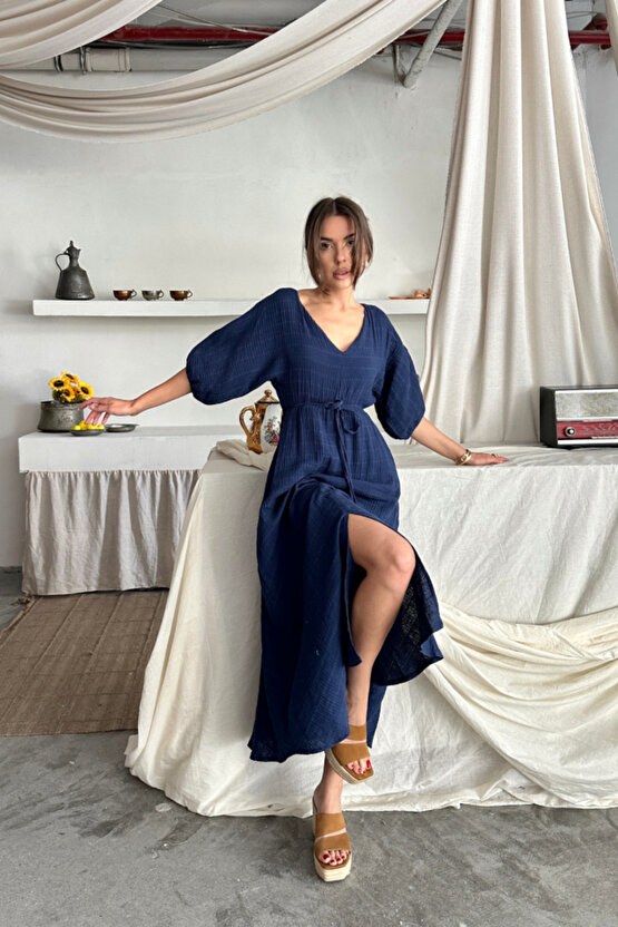 V YAKA BEL BONCUK BAĞLAMALI MÜSLİN ELBİSE YIRTMAÇ DETAYLI - Lacivert