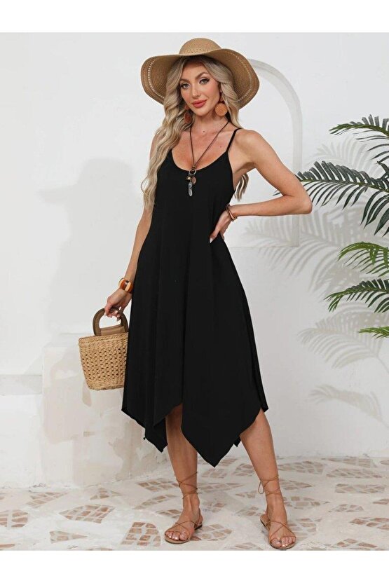 Kadın Ip Askılı Yuvarlak Yakalı Asimetrik Kesim Viskon Elbise