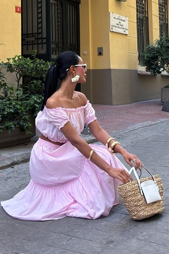 eyesof Büzgülü Crop Kat Detaylı Fırfır Etekli Takım 10196