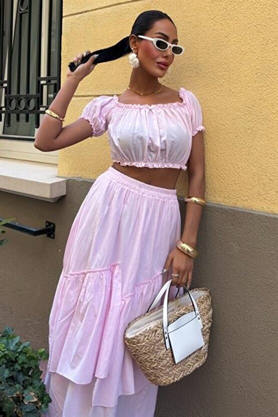 eyesof Büzgülü Crop Kat Detaylı Fırfır Etekli Takım 10196