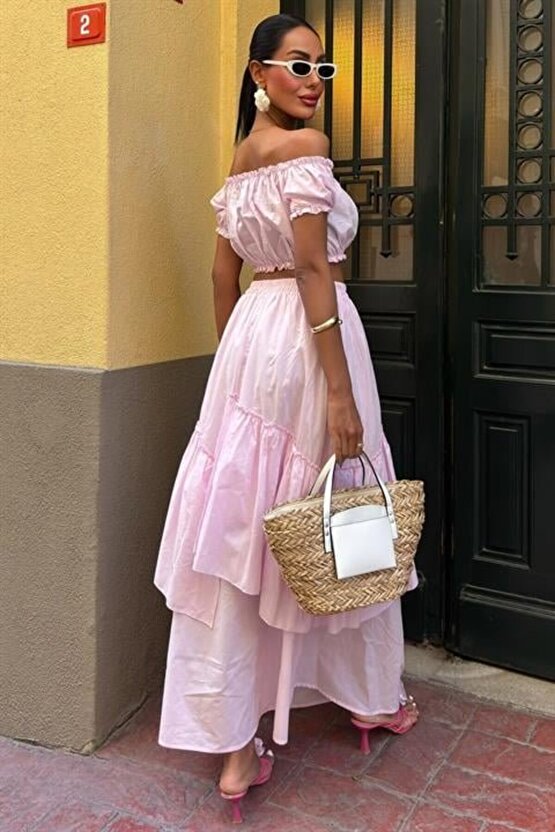 eyesof Büzgülü Crop Kat Detaylı Fırfır Etekli Takım 10196