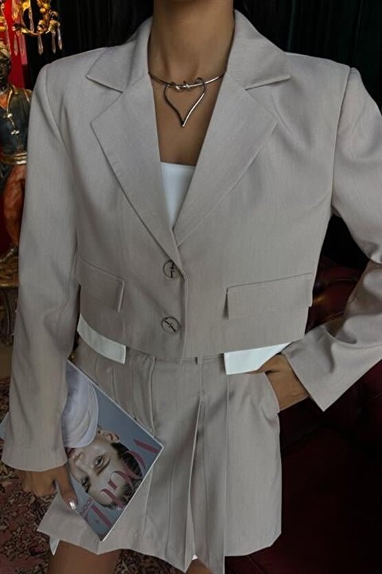 eyesof Crop Ceketli Ve Pile Etekli Garnili Takım 10111