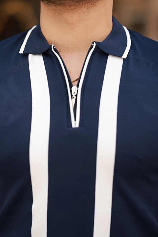 Erkek Fermuar Yakalı şerit Detaylı Kısa Kollu Tişört