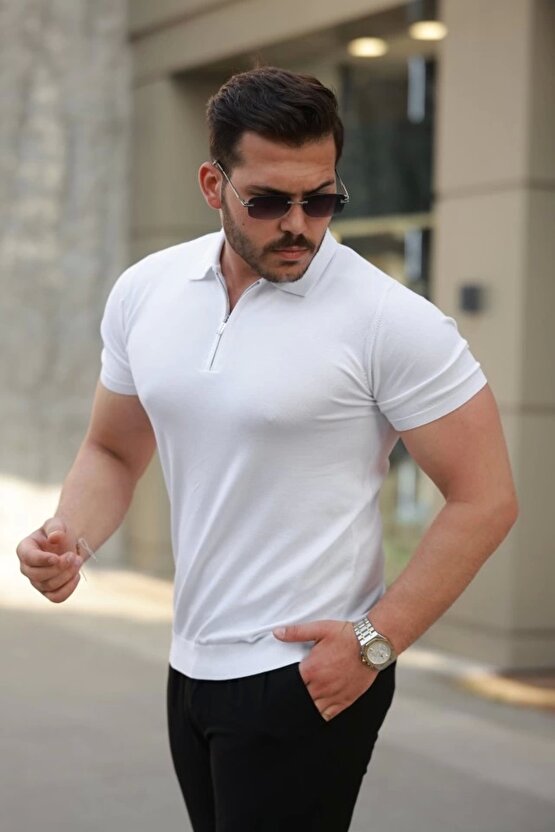 Erkek Fermuar Yakalı Kısa Kollu Tişört