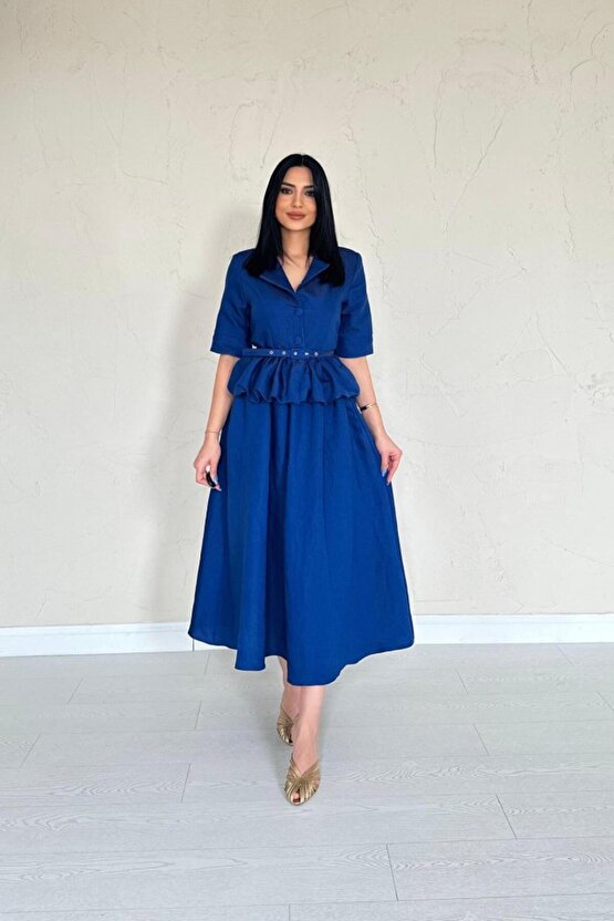 Lacivert İnce Kemerli Fırfırlı Ceket Ve Büzgülü Etek Takım