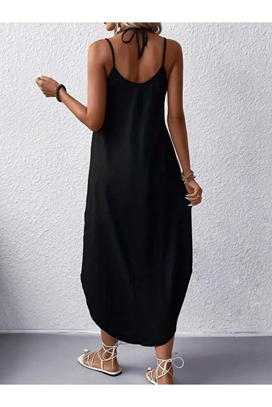 eyesof Kadın Askılı V Yakalı Desenli Uzun Viskon Elbise