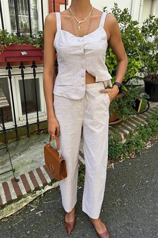 eyesof Kalın Askılı Bluz Pantolon Keten Takım 10187