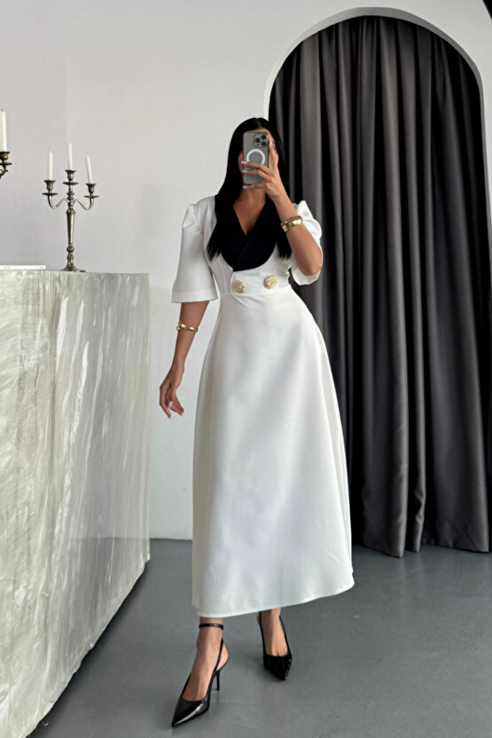 TASARIM ELBİSE CEKET YAKA GOLD DÜĞME DETAYLI KISA KOL - Beyaz