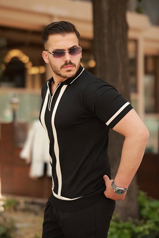 eyesof Erkek Fermuar Yakalı şerit Detaylı Kısa Kollu Tişört