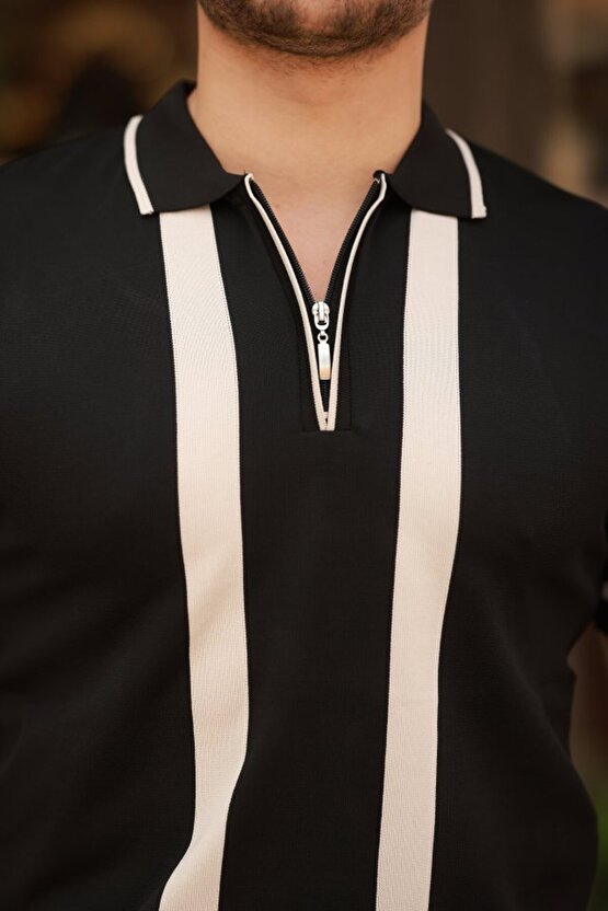 eyesof Erkek Fermuar Yakalı şerit Detaylı Kısa Kollu Tişört