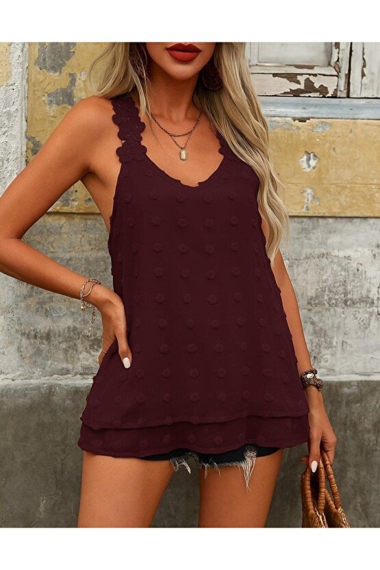 Kadın Dantel Askılı V Yakalı Sırtı çapraz Detaylı Ponpon Bluz