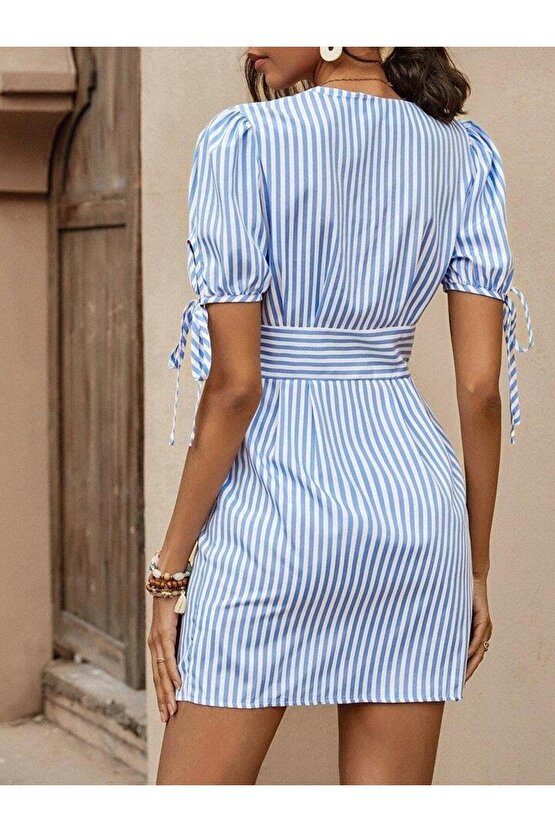 Kadın Kısa Bağcıklı Kol Kruvaze Yaka önden Düğmeli Kısa Poplin Elbise