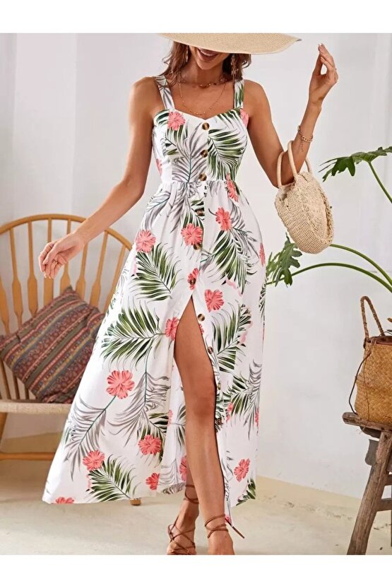 eyesof Kadın Askılı önden Düğmeli Yaprak Desenli Uzun Süprem Elbise