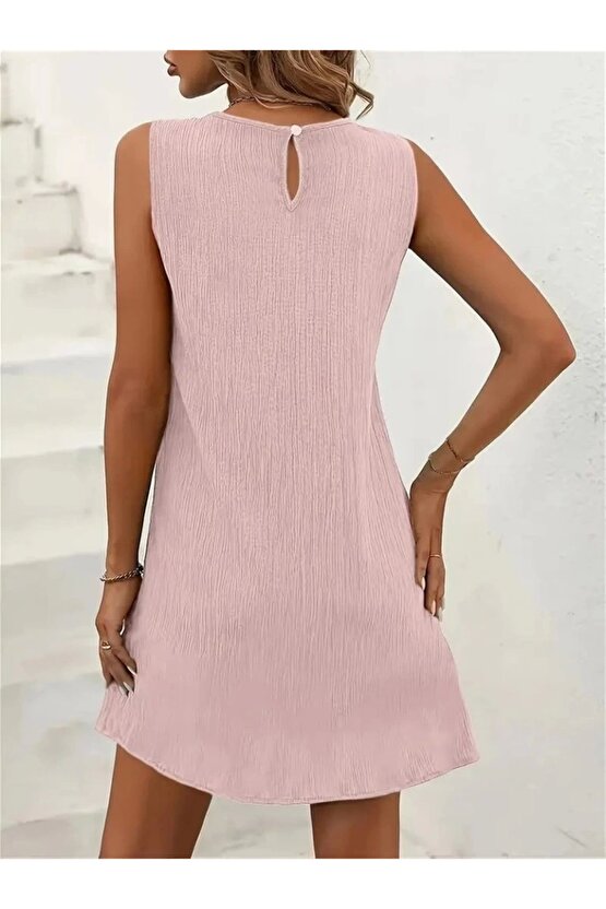 Kadın Sıfır Kollu Bisiklet Yaka Bürümcük Elbise