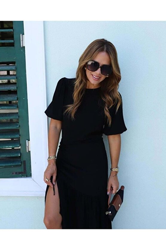 Kadın Kısa Kollu Bisiklet Yakalı Yandan Yırtmaçlı Büzgülü Janjan Krep Elbise