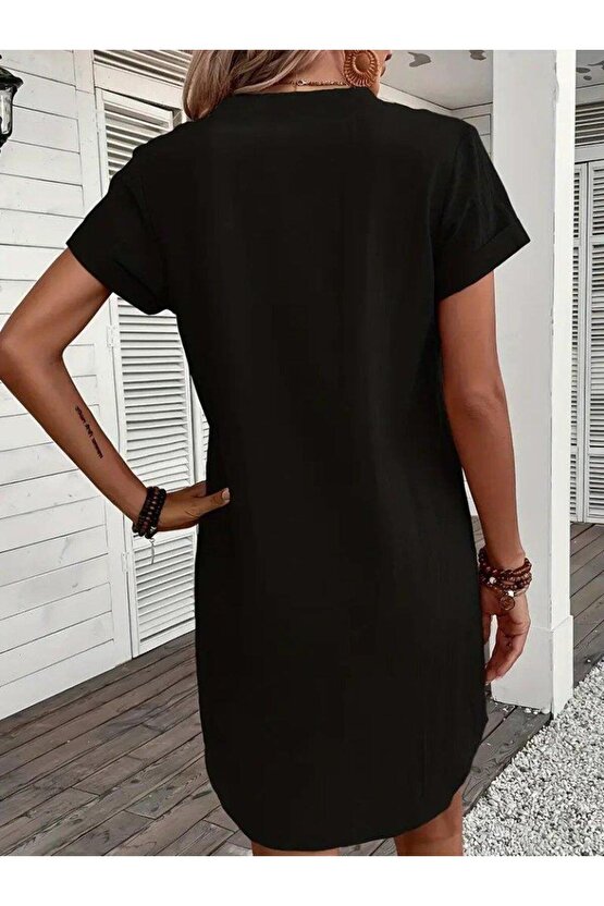 Kadın Kısa Kollu V Yakalı Düğmeli Müslim Kısa Elbise