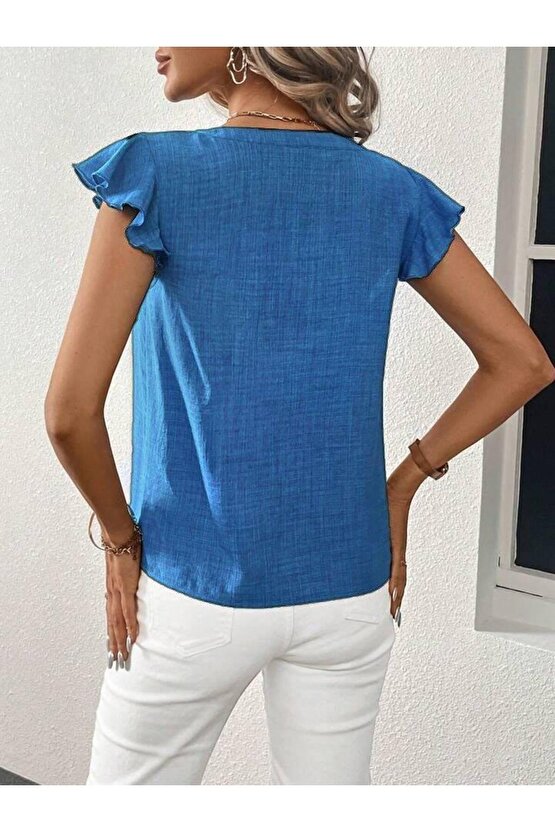 Kadın Kısa Kelebek Kollu V Yakalı Bluz