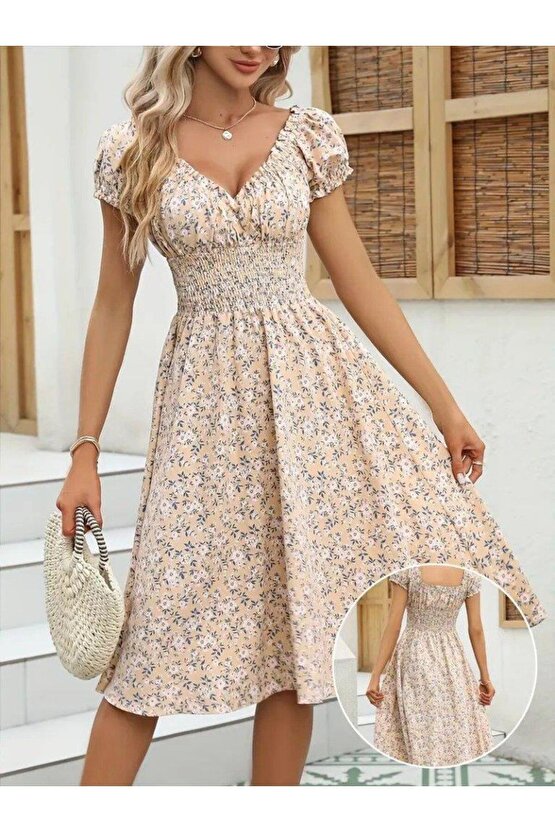 Kadın Kısa Kollu Kruvaze Yaka Lastikli Belden Gipeli çiçek Desenli Suprem Elbise