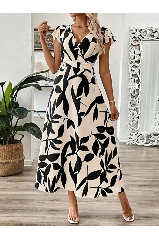 Kadın Kısa Kelebek Kollu Kruvaze Yaka Desenli Süprem Elbise