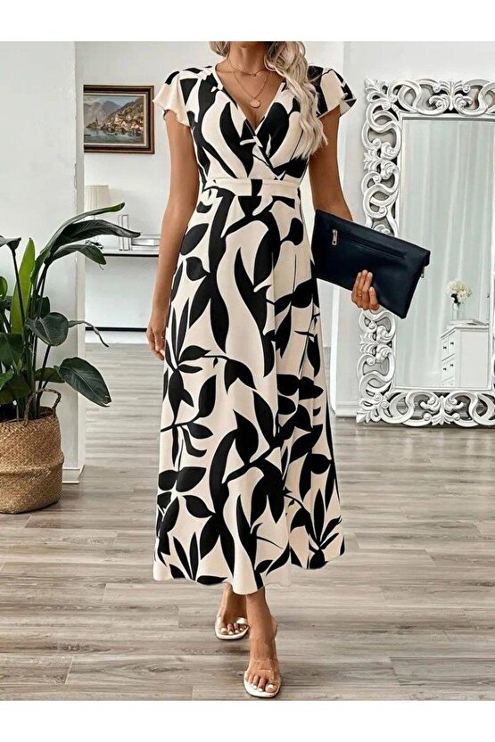 Kadın Kısa Kelebek Kollu Kruvaze Yaka Desenli Süprem Elbise