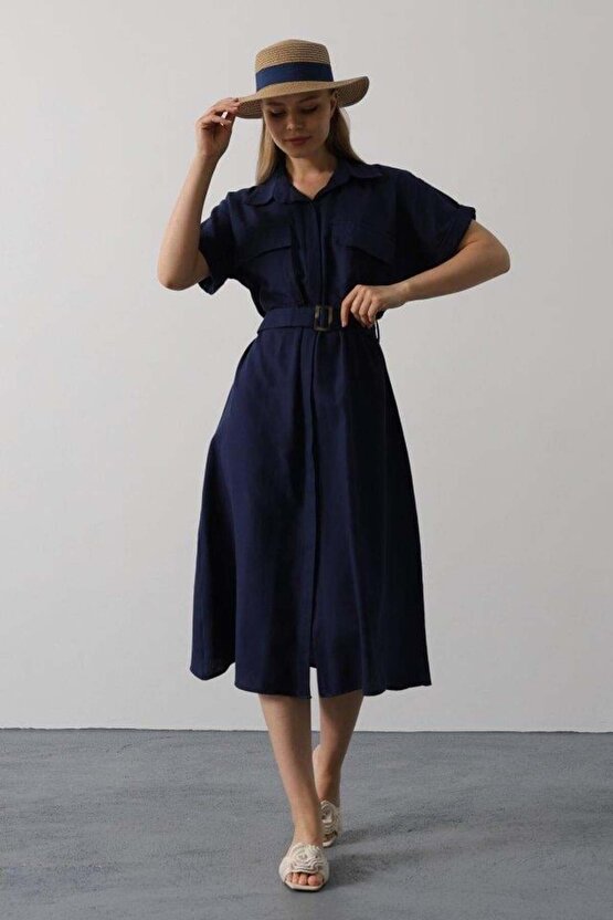 Kuşaklı Cep Detaylı Yarım Kol Elbise - Lacivert