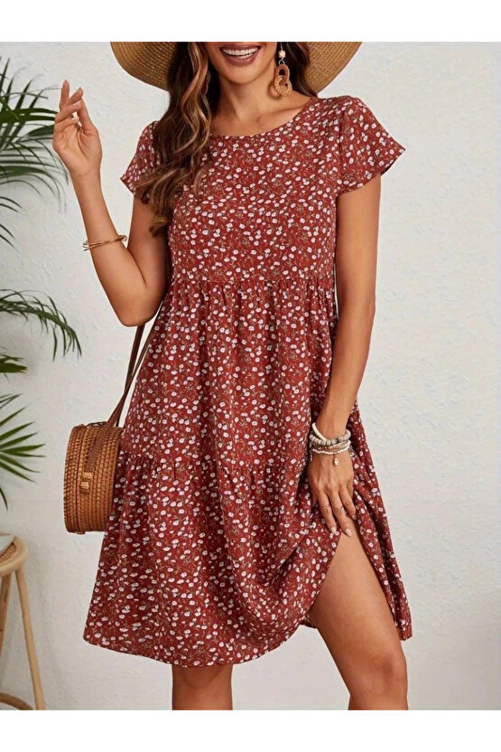 Kadın Kısa Kollu Bisiklet Yaka çiçek Desenli Süprem Elbise