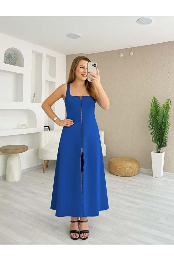 Kadın Askılı Kare Yaka önden Fermuarlı Geniş Kesim Janjan Krep Elbise