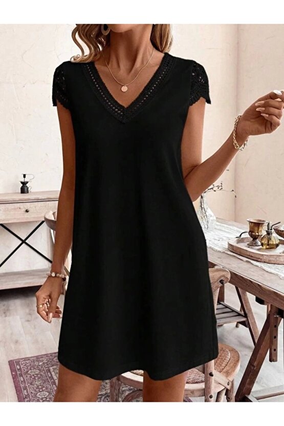 Kadın Kısa Kollu V Yakalı Viskon Elbise