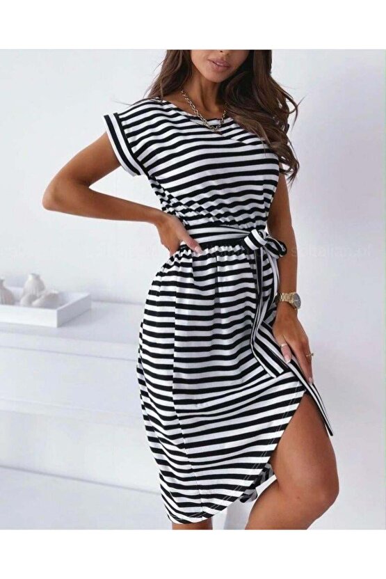 Kadın Kuşaklı Turlu Viskon Kumaş Elbise