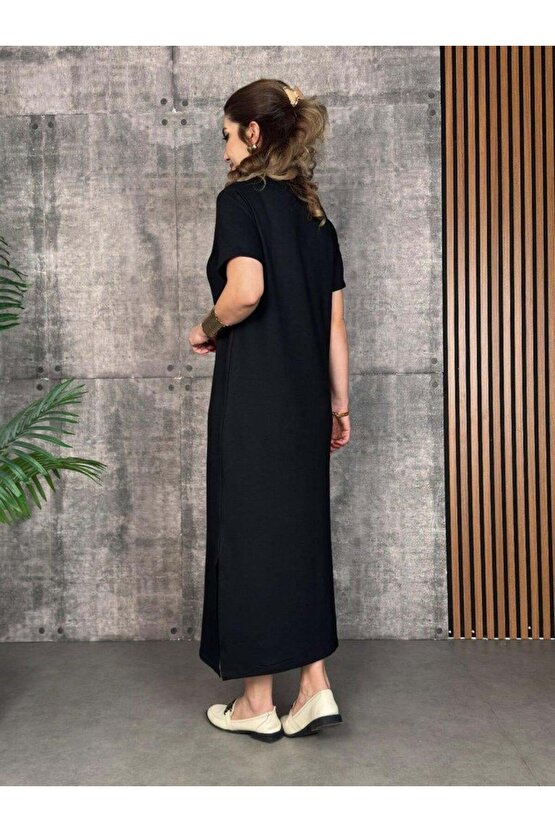 Kadın Kısa Kollu Bisiklet Yaka Yırtmaçlı Viskon Iki Iplik Elbise