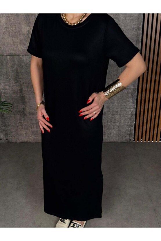 Kadın Kısa Kollu Bisiklet Yaka Yırtmaçlı Viskon Iki Iplik Elbise