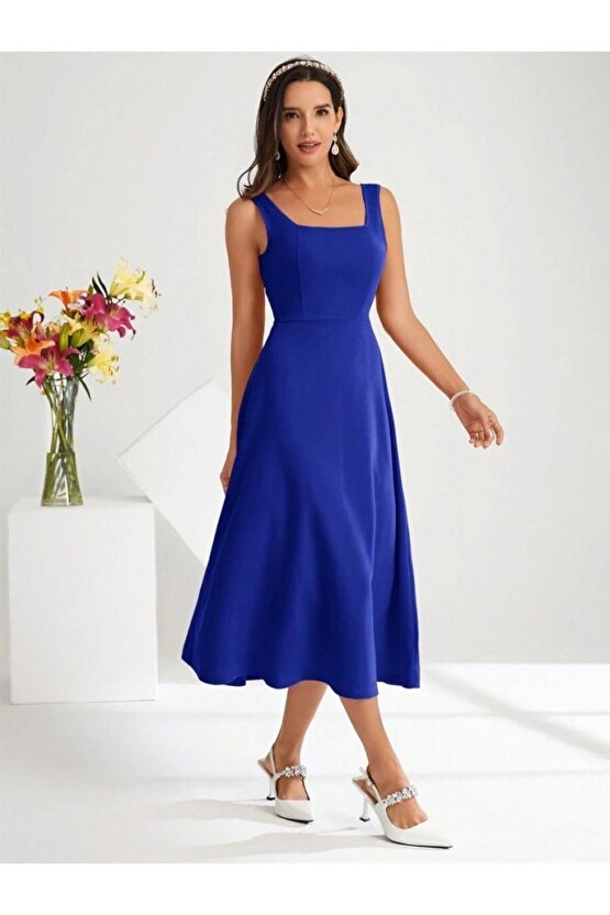 eyesof Kadın Askılı Kare Yakalı Midi Ithal Krep Elbise