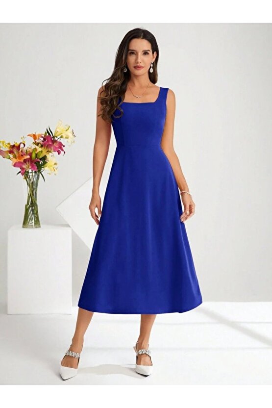 eyesof Kadın Askılı Kare Yakalı Midi Ithal Krep Elbise