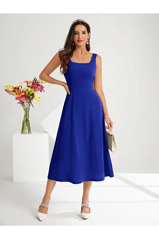 eyesof Kadın Askılı Kare Yakalı Midi Ithal Krep Elbise