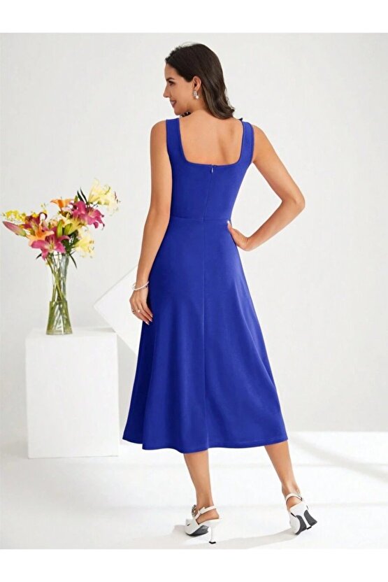 eyesof Kadın Askılı Kare Yakalı Midi Ithal Krep Elbise